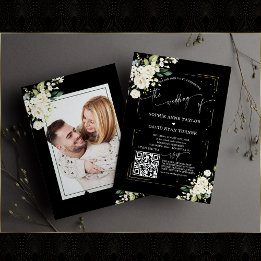 Convite Código QR Casamento de Foto Floral Moderna Caligra