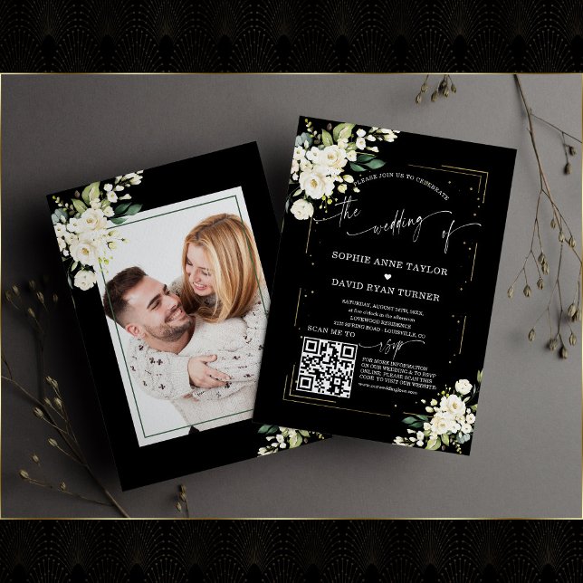 Convite Código QR Casamento de Foto Floral Moderna Caligra (Criador carregado)