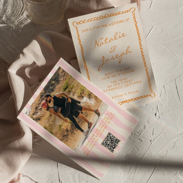 Convite Código QR Casamento de Foto Pinstripes Escrito à M (Criador carregado)