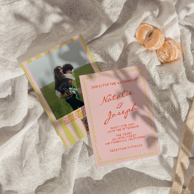 Convite Código QR Casamento de Foto Pinstripes Escrito à M (Criador carregado)