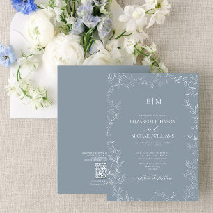 Convite Código QR Casamento de Leaf Dusty Blue Monograma L