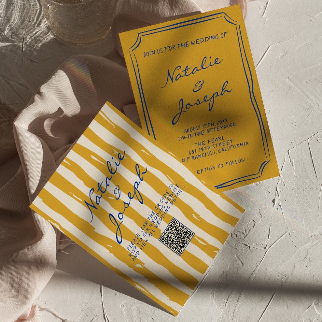 Convite Código QR Casamento de Pinstripes Escrito à Mão de (Criador carregado)