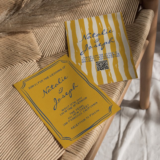 Convite Código QR Casamento de Pinstripes Escrito à Mão de (Criador carregado)