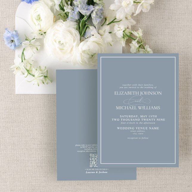 Convite Código QR Casamento de Script Clássico Azul Dusty  (Criador carregado)