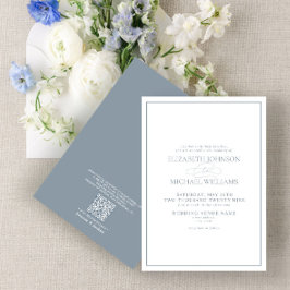 Convite Código QR Casamento de Script Clássico Azul Dusty
