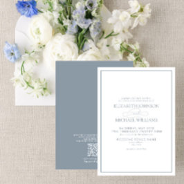 Convite Código QR Casamento de Script Clássico Azul Dusty