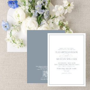 Convite Código QR Casamento de Script Clássico Azul Dusty 