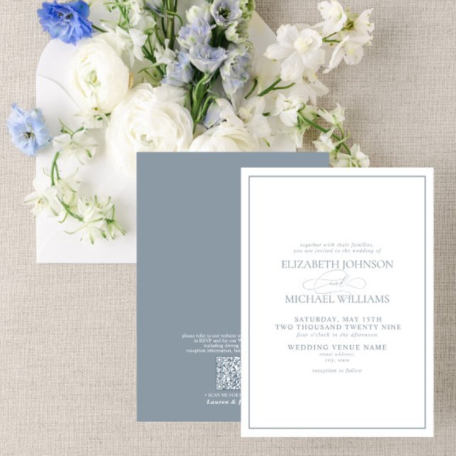 Convite Código QR Casamento de Script Clássico Azul Dusty  (Criador carregado)