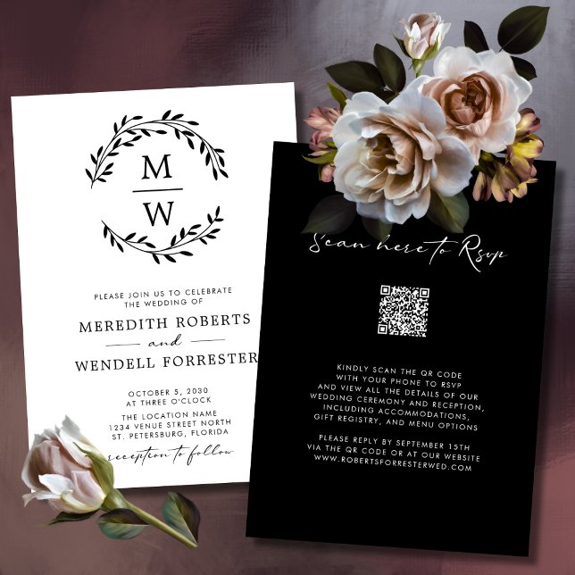 Convite Código QR Casamento de Terra do Monograma Branco e (QR Code Black and White Monogram Wreath Wedding Invitation)
