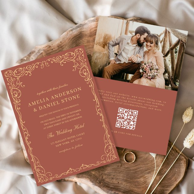 Convite Código QR Casamento de Terracotta Foto Minimalista (Criador carregado)