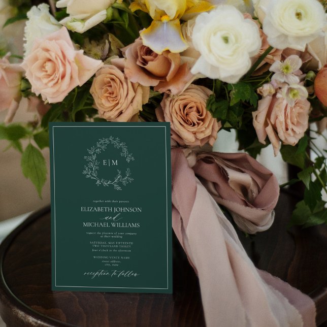 Convite Código QR Casamento do Emerald Green Leafy Crest M (Criador carregado)