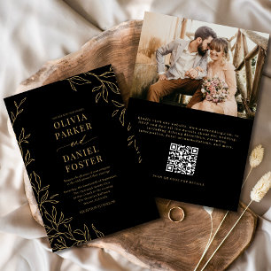 Convite Código QR Casamento Dourado de Foto Elegante Preto