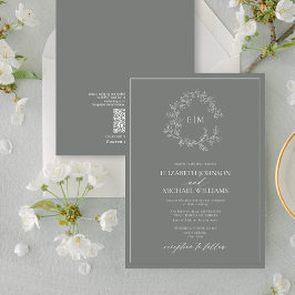 Convite Código QR Casamento Eucalyptus Leafy Crest Monogra