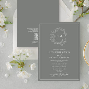 Convite Código QR Casamento Eucalyptus Leafy Crest Monogra