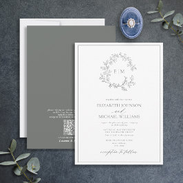 Convite Código QR Casamento Eucalyptus Leafy Crest Monogra