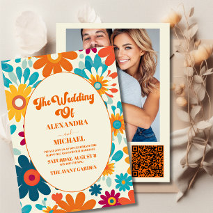 Convite Código QR Casamento Flor de Daisy Retro Moderno do