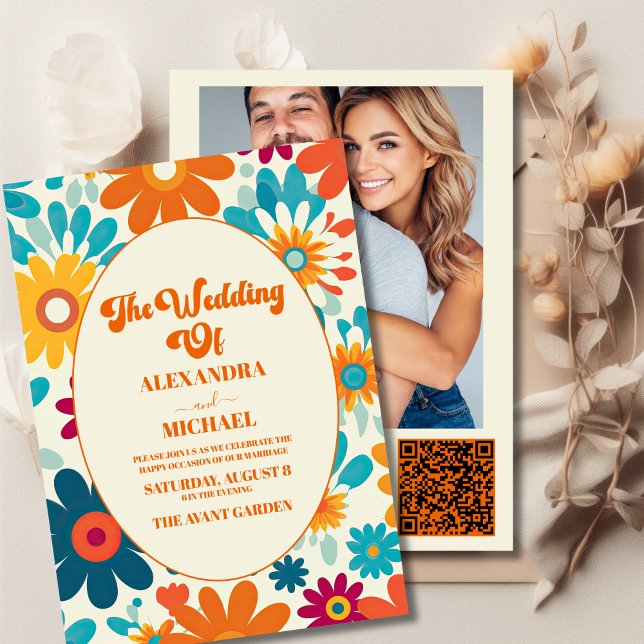 Convite Código QR Casamento Flor de Daisy Retro Moderno do (Criador carregado)