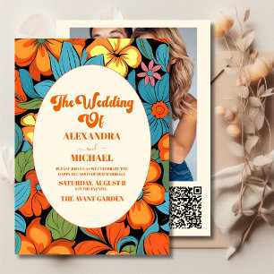 Convite Código QR Casamento Floral Boho Anos 70 Retro
