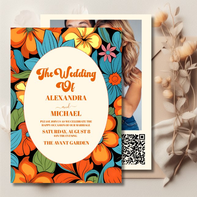 Convite Código QR Casamento Floral Boho Anos 70 Retro (Criador carregado)