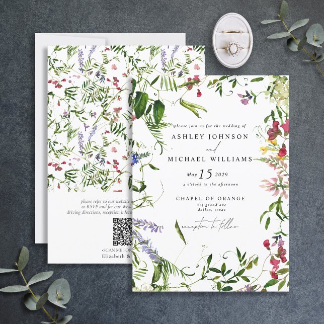 Convite Código QR Casamento Floral Botânico de Flor Selvag (Criador carregado)