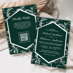 Convite Código QR Casamento Floral Prateado Esmeralda