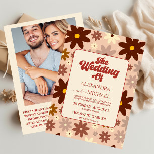 Convite Código QR Casamento Floral Retro Groovy Moderno do