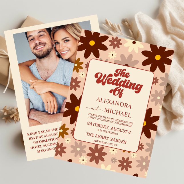Convite Código QR Casamento Floral Retro Groovy Moderno do (Criador carregado)