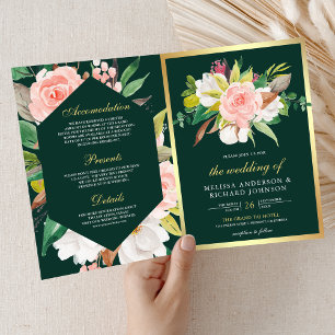 Convite Código QR Casamento Floral Rosa Bege Ouro Esmerald