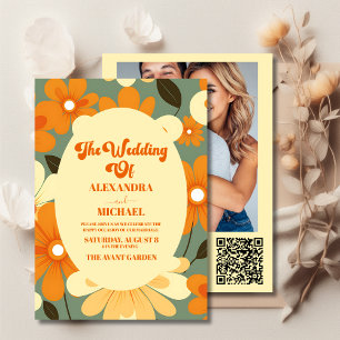 Convite Código QR Casamento Floral Vintage Retro Colorido