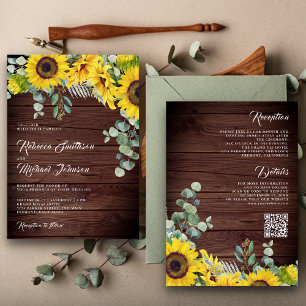 Convite Código QR Casamento Girassóis Eucalipto Madeira Rú