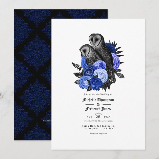 Convite Código QR Casamento Gótico Corujas Azul Real Vinta (Frente/Verso)