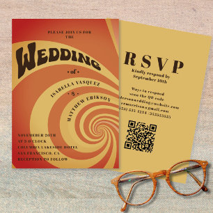 Convite Código QR Casamento Laranja Queimado Retro Moderno