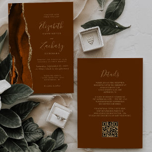 Convite Código QR Casamento Marrom Dourado Ágata Laranja Q