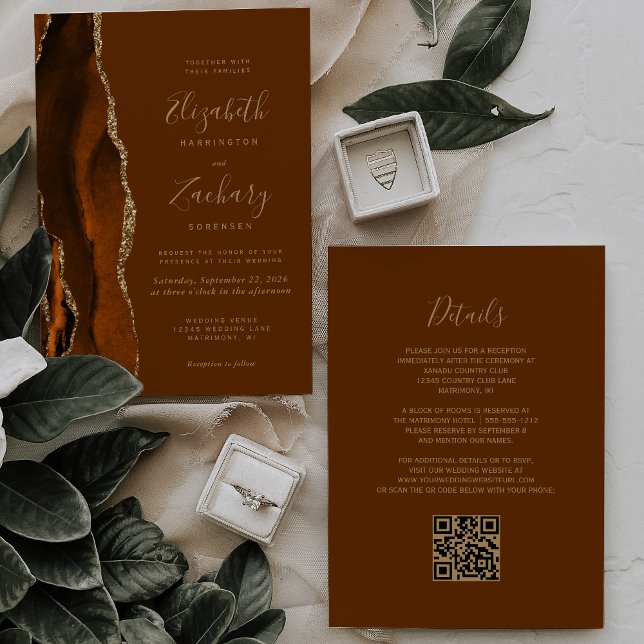 Convite Código QR Casamento Marrom Dourado Ágata Laranja Q (Criador carregado)