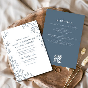 Convite Código QR Casamento Mínimo de Folha Azul com Derra