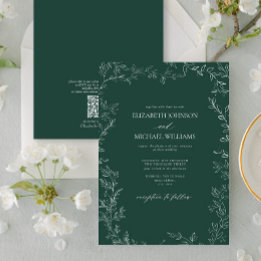 Convite Código QR Casamento Mínimo de Folha Elegante Emera