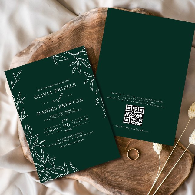 Convite Código QR Casamento Mínimo de Folha Emerald Verde  (Criador carregado)