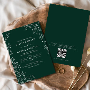 Convite Código QR Casamento Mínimo de Folha Emerald Verde
