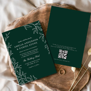 Convite Código QR Casamento Mínimo de Folha Emerald Verde