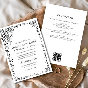 Convite Código QR Casamento Mínimo de Folha Preto e Branco