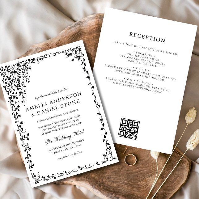Convite Código QR Casamento Mínimo de Folha Preto e Branco (Criador carregado)