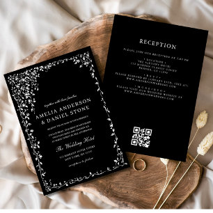Convite Código QR Casamento Mínimo de Folha Preto e Branco