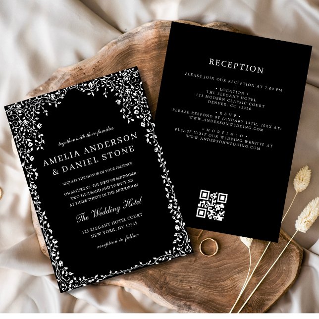 Convite Código QR Casamento Mínimo de Folha Preto e Branco (Criador carregado)