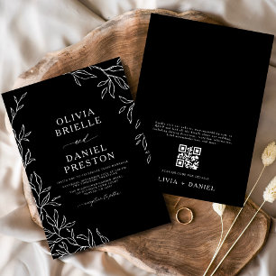 Convite Código QR Casamento Mínimo de Folha Preto e Branco