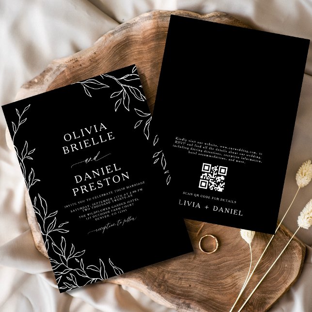 Convite Código QR Casamento Mínimo de Folha Preto e Branco (Criador carregado)