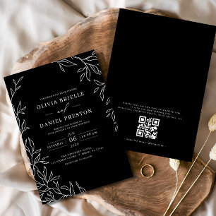 Convite Código QR Casamento Mínimo de Folha Preto e Branco