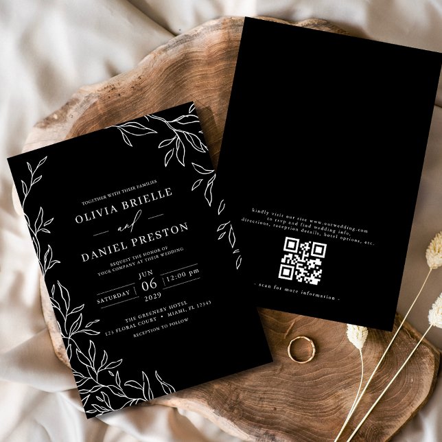 Convite Código QR Casamento Mínimo de Folha Preto e Branco (Criador carregado)