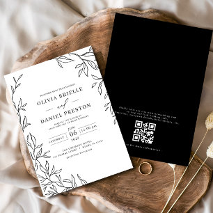Convite Código QR Casamento Mínimo de Folha Preto e Branco