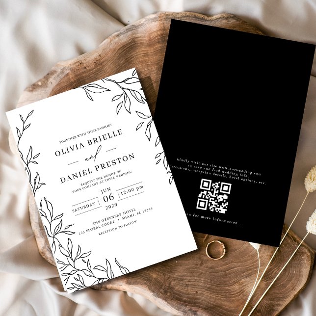 Convite Código QR Casamento Mínimo de Folha Preto e Branco (Criador carregado)
