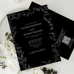 Convite Código QR Casamento Mínimo de Folha Preto e Branco
